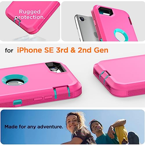Image of AICase for iPhone SE Case 3rd & 2nd Generation, for iPhone SE 2022 /2020 Built-in Screen Protector Heavy Duty Protective Shockproof 3-Layer Full Body Rugged Phone Cover, Pink /Aqua Blue