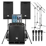 All-In-One Audio Solution: Compact PA system including a 12" subwoofer, two 6.5" satellite speakers, and a high-fidelity 8-channel mixer for superior sound in small venue Wireless Convenience: This sound system for bands comes with four UHF microphon...