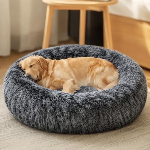 Image of JOLLYVOGUE Calming Dog Beds Extra Large Sized Dog, 45in Donut Washable Large Pet Bed, Anti-Slip & Anti-Anxiety Fluffy Faux Fur Round Dogs Bed, Fits up to 125 lbs Pets (Smoke Black)