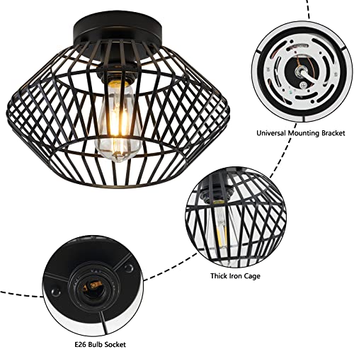 Sglfarmty Farmhouse Black Semi Flush Mount Ceiling Light Fixture, Metal Cage Hallway Light Fixtures Ceiling Mount, Industrial Vintage Closed To Ceiling Lamp For Kitchen, Dining Room, Porch, Bedroom #TOP7