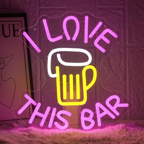 LMSIGNLY I Love This Bar Enseigne néon pour décoration murale Lettre rose Enseigne lumineuse néon Bière bar néon lumière Enseigne LED verre à vin à...