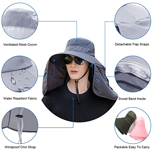 Image of Women Wide Brim Face Mask Sun Hat Detachable Neck Face Flap Ponytail UV Protection Visor Hat Garden Fishing Hiking