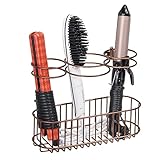 mDesign Wall Mount Bathroom Hair Care & Hot Styling Tool Organizer Storage Basket for Hair Dryer, Flat Irons, Curling Wands, Hair Straighteners, Brushes, Combs - 3 Sections - Venetian Bronze
