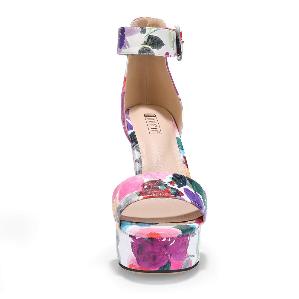 IDIFU IN5 Sabrina Platform Block Chunky High Heels Ankle Strap Heeled Sandals Sexy Wedding Party Dress Shoes for Women Open Toe Heels: 5 Floral Purple