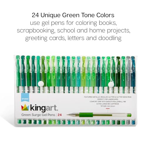 Image of KINGART 400-24G Comfort Grip Gel Pens, Set of 24 Unique Green Tone Colors | 1.0mm Rollerball Tip, 2.0mm XL Ink Capacity, Non-Toxic & Archival, Ideal For Coloring Books, Scrapbooking & Doodling