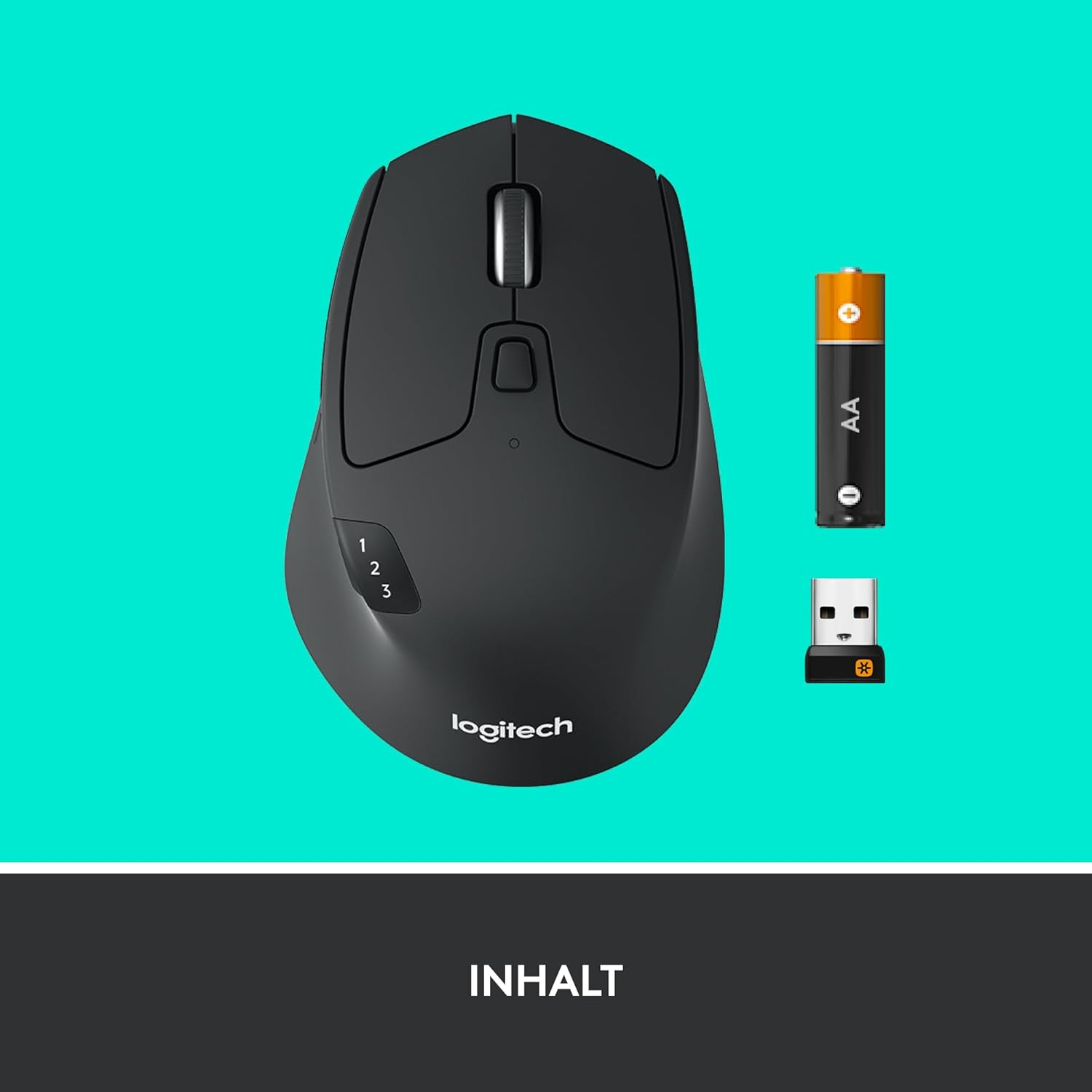 Contents of the Logitech M720 Triathlon Multi-Device Wireless Mouse box, showing mouse, AA battery, and Unifying receiver