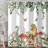 Sage Green Plant Shower Curtain, Retro Mushroom Spring Frog Butterfly Eucalyptus Leaf Aesthetic Bath