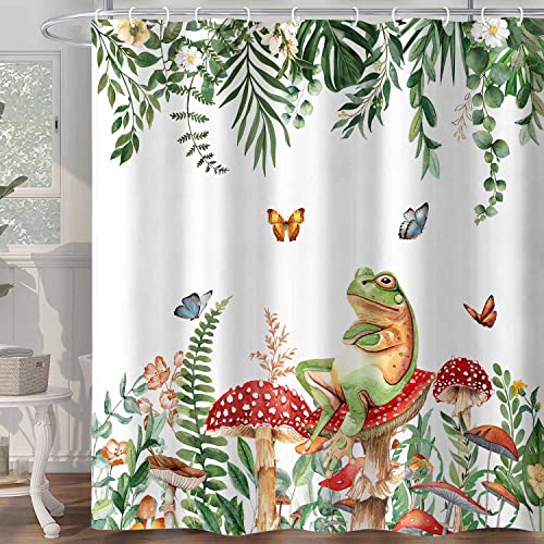 Sage Green Plant Shower Curtain, Retro Mushroom Spring Frog Butterfly Eucalyptus Leaf Aesthetic Bathroom Curtain, Botanical Floral Witchy Decor Shower Curtain Accessories With Hooks 72X72Inch #TOP6