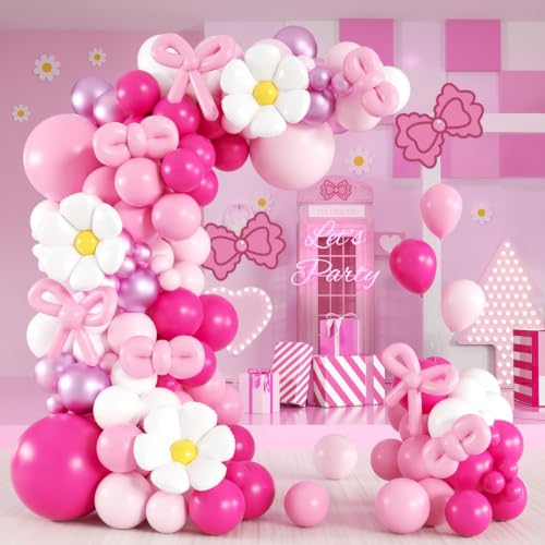 139pcs Pink Cartoon Cat Balloon Garland Arch Kit Hot Pink White Long Balloons with 15inch Flower Foil Balloons for Cat Themed Birthday Baby Shower Party Decorations
