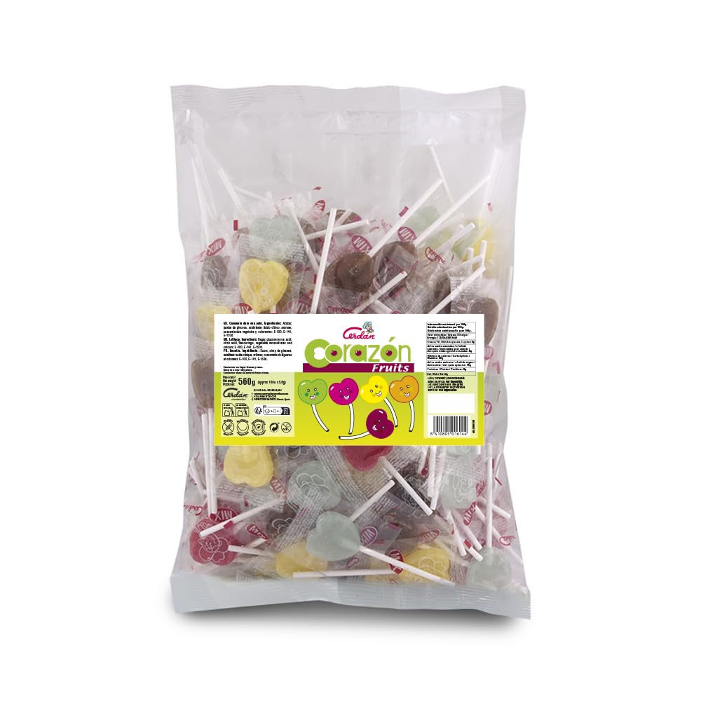 Caramelos Cerdán Piruletas Mini Corazón Bolsa 100 Uds Sabor Fresa Cola Manzana Limón Caramelo Duro con Palo sin Gluten