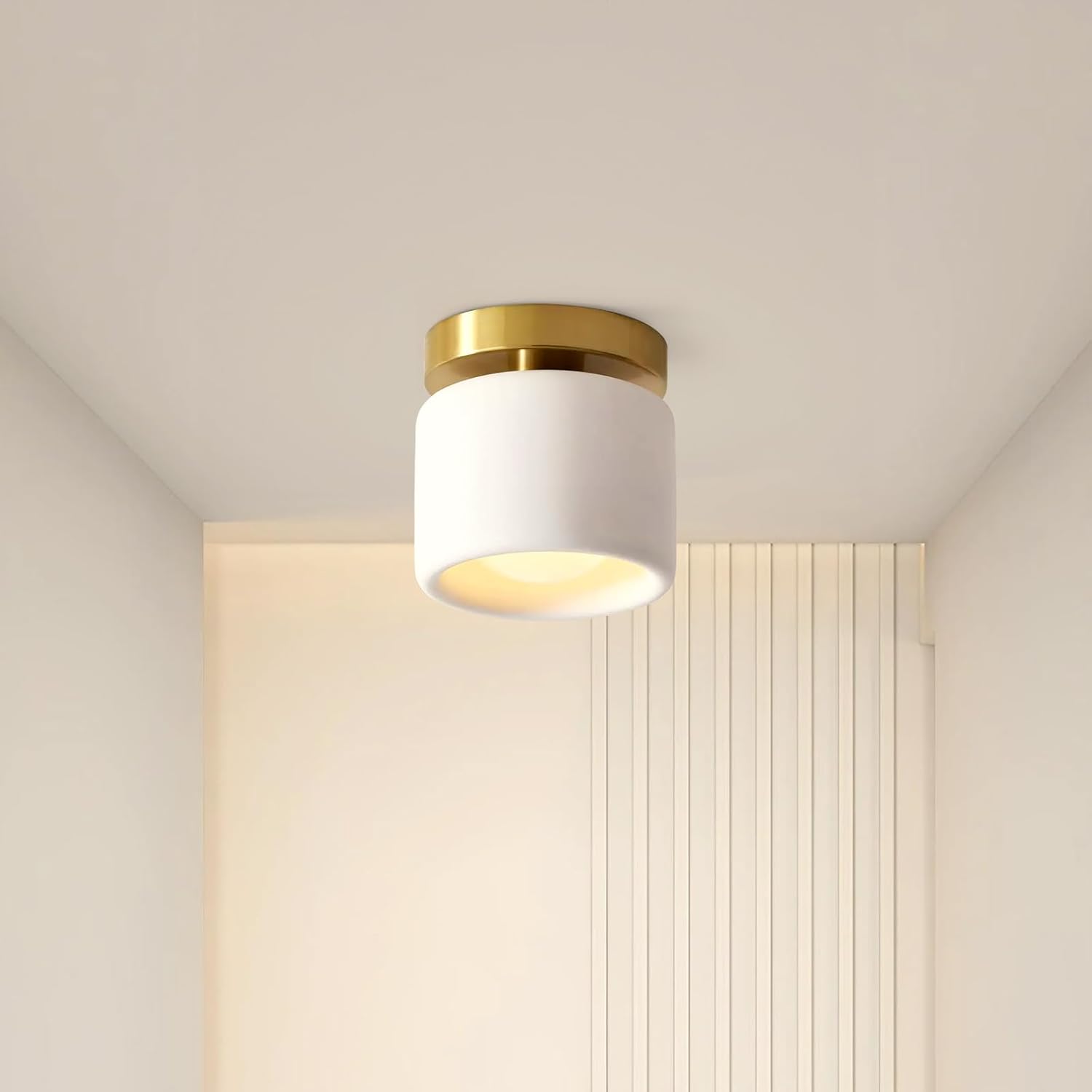 Modern Porcelain Flush Mount Ceiling Light - White Ceramic Shade, Vintage Farmhouse Lighting for Bedroom, Hallway, Closet & Entryway (White, 5" W x 5" L x5.5 H)