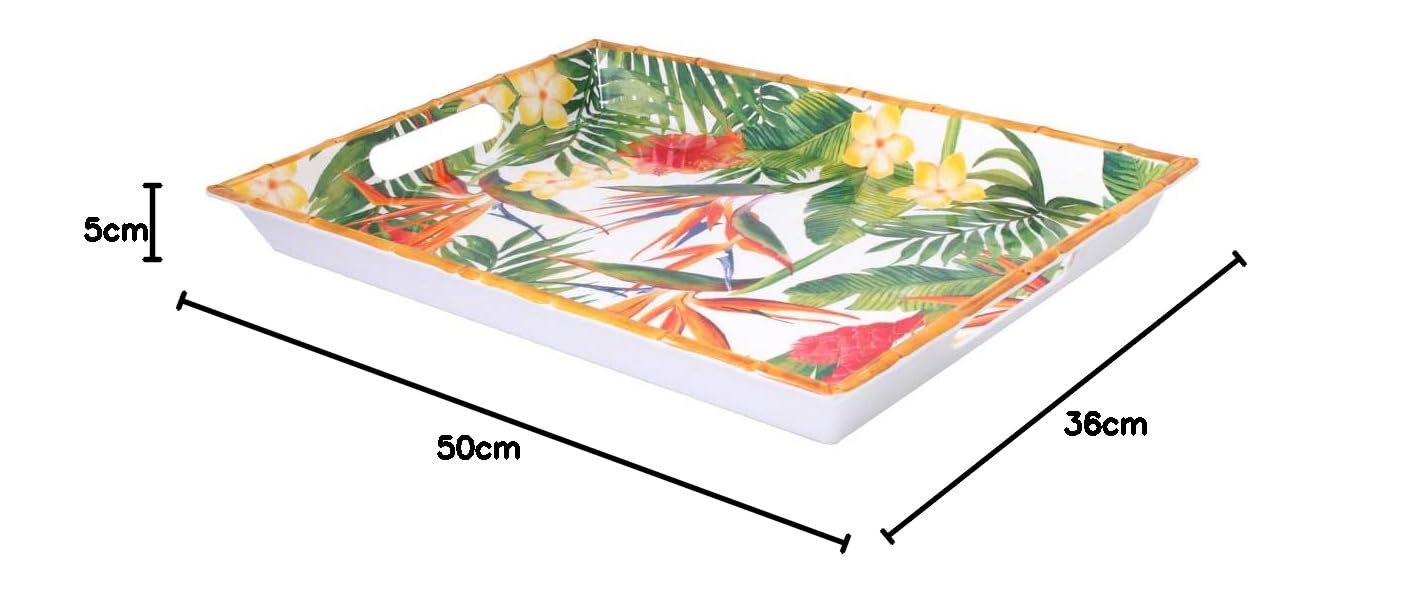 Les Jardins de la Comtesse - Gran Bandeja de Servicio de Melamina Pura - Flores Exóticas - 50 cm - Rojo/Verde - Bandeja Grande con Asas de la Colección Vajilla Irrompible MelARTmine