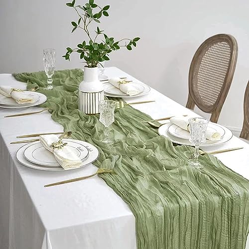 DROMCOM 90 x 300 cm Sage Green Cheesecloth Table Runner Long Boho Rustic Gauze Table Runner - Image 2