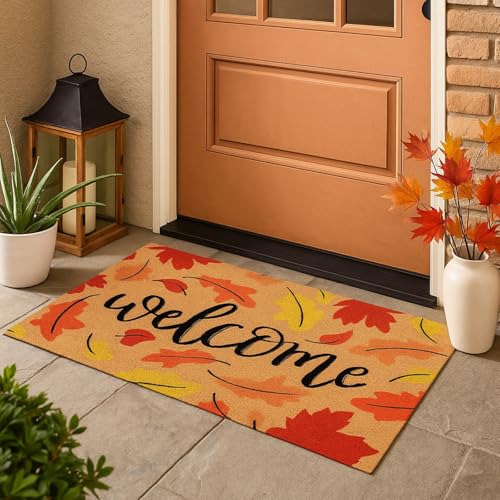 Tinideya Thanksgiving Door Mats Fall Welcome Doormats 17 x 29 Inch Orange Maple Leafs Front Door Mat Non Slip Entrance Rugs Harvest Vintage Thanksgiving Decor for Indoor Outdoor Porch Kitchen Home