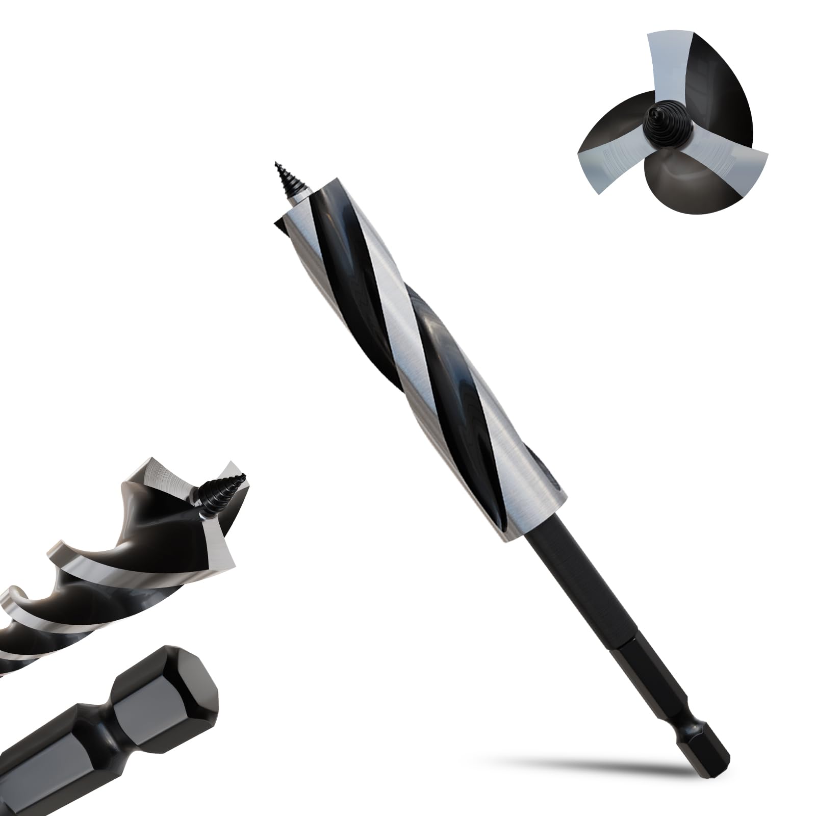 METOTY 19mmx155mm Auger Drill Bit Extra Long Drill Bits，6.35mm Hex Shank for Wood with Quick Change - 3-Cutter Design with Dual-Flute for Fast Chip Removal, Fits Hardwood, Softwood, PVC, Drywall — image 1