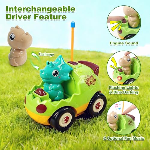 Image of 2-Pack RC Dinosaur Cars for Kids - Remote Control Dinosaur Toy Cars with Music and Lights, Birthday Gift Toy for Boys Ages 2 3 4 5 Year Old and Toddlers 18+ Months