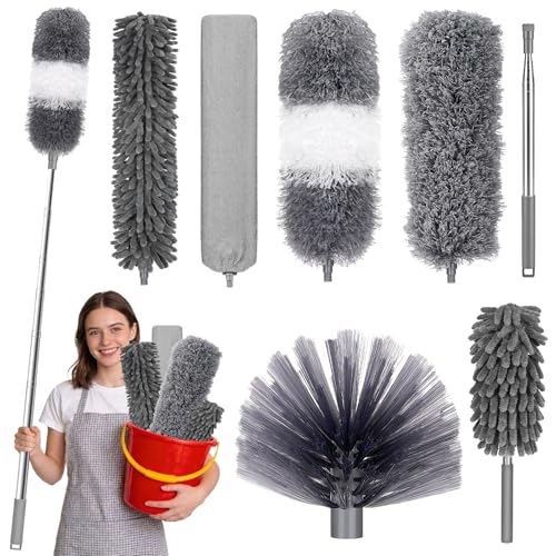ITClosud 7 Teiliges Staubwedel Teleskop Waschbar Mikrofaser Duster, Verbiegbare Staubfänger, Staubwedel Ausziehbar mit Teleskopstange bis 250cm， Staubwischer Waschbar für Hohe Decken