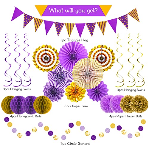 Image of Purple Gold Party Decorations, Graduation Season Hanging Glitter Triangle Flags Banner Paper Fan Tissue Pom Poms Garlands, Women Girl Party, Bridal Shower, Purple Themed Birthday