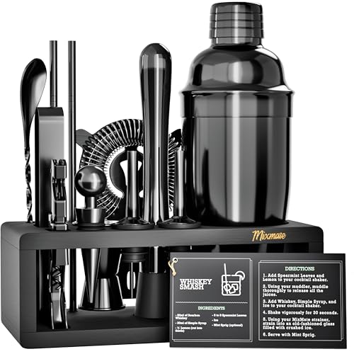 Image of Black Stainless Steel Cocktail Shaker Set with Wood Stand - 15 Piece Bartender Kit with Drink Shaker, Bar Spoon, Jigger, Muddler, Strainer, Bottle Opener, Stopper, Pour Spout, Stirrers, Tongs, Recipes