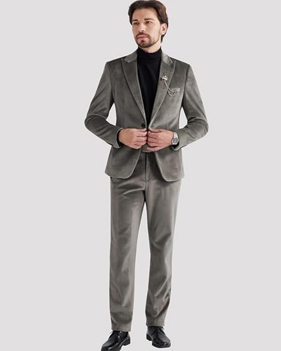 Costume 2 pièces en velours pour homme avec revers cranté et un bouton pour bal de fin d'année, fête d'hiver, dîner, veste et pantalon en velours