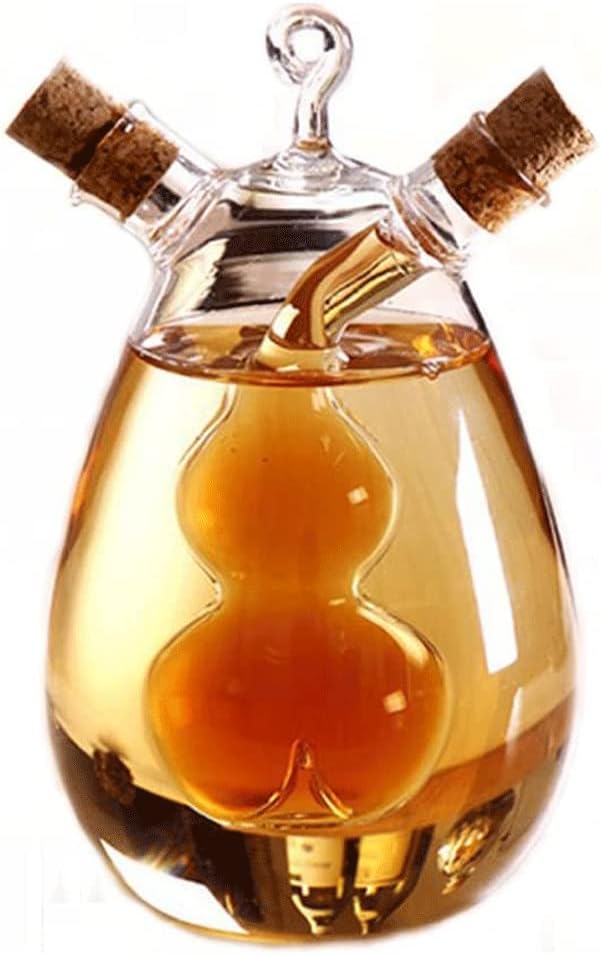 2 in 1 Oil and Vinegar Dispenser Cruet Bottle, Kitchen Supplies Glass Olive Oil and Balsamic Vinegar Cruet Bottle with Cork Stoppers, Hand-blown Glass Jar (Gourd Shape)