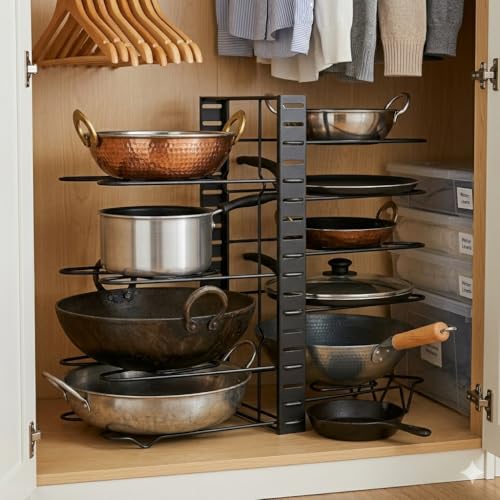 Image of ProGrade Pan Stand, Black Metal Multi-Tier Pot and Pan Organiser Rack, Freestanding, Powder Coated, for Kitchen Storage