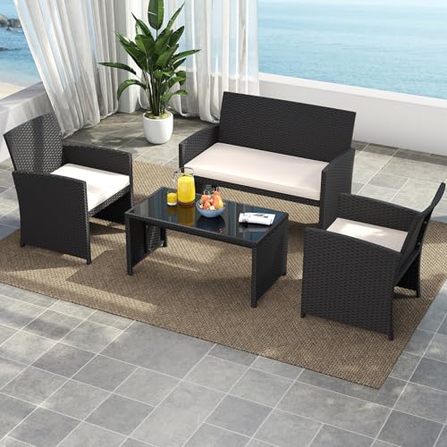 Image of Tangkula 4 Pieces Patio Wicker Furniture Set, Outdoor Heavy Duty Rattan Cushioned Chairs, Loveseat and Tempered Glass Coffee Table, for Backyard, Balcony, Poolside (1, Off White)