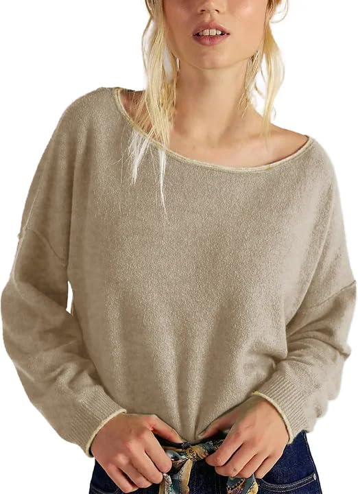 Womens Off Shoulder Knit Sweater Casual Loose Fit Pullover Long Sleeve Soft Lightweight Fall Winter Tops