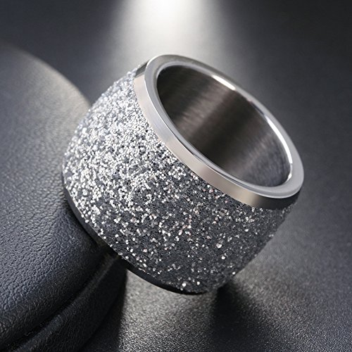 Women's Stainless Steel Ring Shiny Sequins Pave Sandblast Wide Wedding Band Silver, Rose, Gold, Black3
