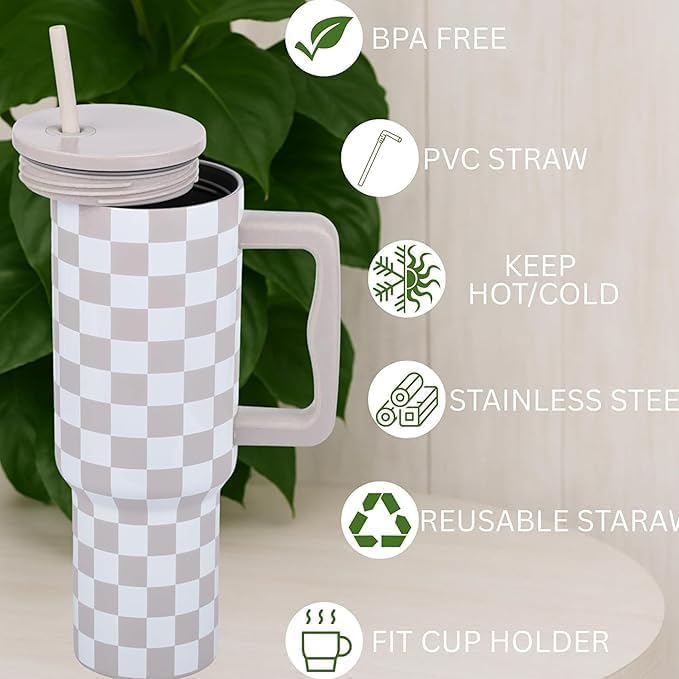 Image of Stainless Steel 1200 ml Vacuum Tumbler with Lid & Straw - Double‑Wall Insulated Cup for Travel, Gym & Office - Keeps Beverages Hot or Cold - 1.2 L Capacity (Cream Checks)