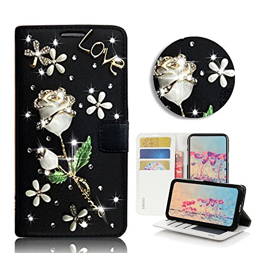 STENES Bling Case Compatible with ZTE Maven 3 - Stylish - 3D Handmade Crystal Pretty Rose Flowers Floral Magnetic Wallet Leather Cover Compatible with ZTE Maven 3 - Black