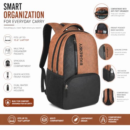 Image of BIGBERRY Rodeo | Leatherite Faux Leather Laptop Backpack for Men & Women | Water Resistant Medium Office, Travel, College Bag | Fits Up to 15.6 Inch Laptop | Travel, Casual & Business, Unisex