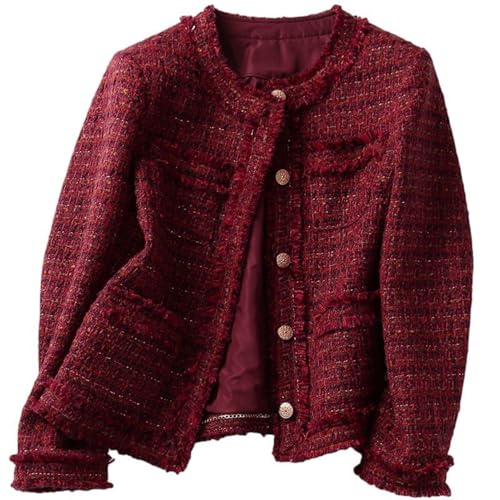 Veste courte rouge en laine tweed style coréen pour femme