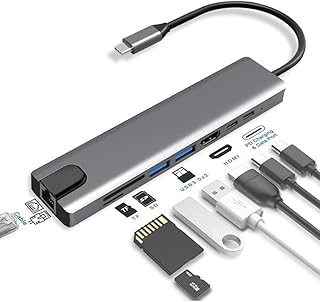 Macbook Pro Air İçin USB Type-C Hub Dönüştürücü 8 in 1 Çoklayıcı - HDMI, 2 Adet USB 3.0, 2 Adet USB C, SD/MicroSD, Ethernet - Çevirici 8li Port USB C Adaptör Bağlantı Noktası Ara Kablo
