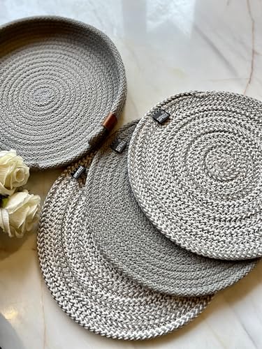 Image of Retro Polypropylene 3 Pc Round Trivet with Basket Holder | Braided Pot MAT, Side Table Mat, Machine Washable Small Place Mat for Casserole for Dining Table (9 inch Dia)