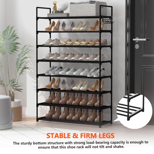 Image of Hsscblet 8 Tiers Metal Shoe Rack,Adjustable Shoe Shelf Storage Organizer with Hooks,Stackable Boot & Shoe Storage,for Entryway,Hallway,Closet,Black