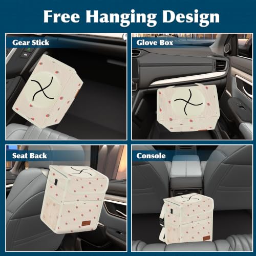 Image of Femuar Leak Proof Car Trash Can with Lid, Collapsible Hanging Waterproof Car Trash Bag with Mesh Pocket for SUV Front Seat Headrest, Beige Strawberry