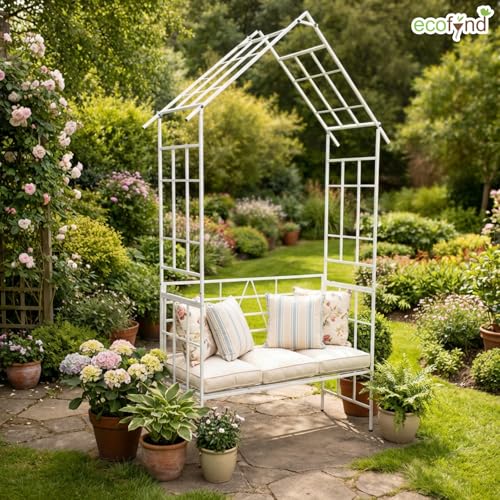 Image of ecofynd 8 Feet High x 3.7 Feet Wide 2-Seater Hut-Shaped Garden Bench, Metal Arbor Trellis for Climbing Plant with Outdoor Garden Chair, Backdrop Stand for Wedding Lawn Backyard Party Decor (GC002-WHT)