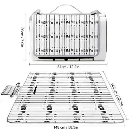 Kazynee Black White Arrows Outdoor Picnic Blanket Abstract Country Arrows Pattern for Portable Outdoor Blanket for Travel Camping 58.3x58.3 Inch