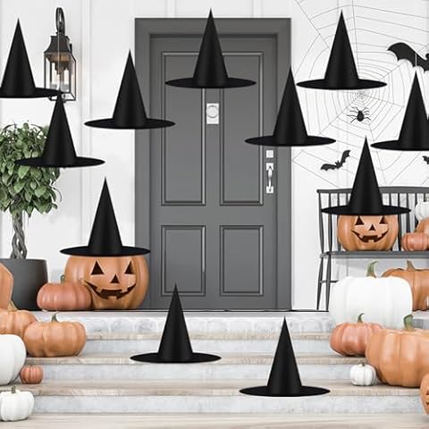 12 PCS Halloween Black Witch Hats Costume Accessory Decorations, Thickened Hanging Wizard Hats Bulk for Women Kids with Rope Floating Porch Indoor Outdoor Hocus Pocus Decor Party Supplies Game Toy Cover