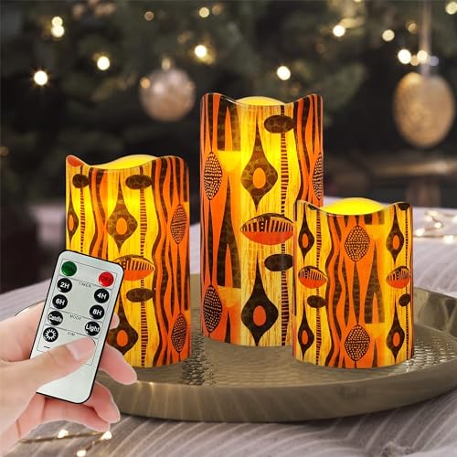 Image of Remote Flameless Candles-Set of 3 African Tribe Design LED Pillar Candles Battery Operated Candle with Timer, 4 inch 5 inch 6 inch for Home Table Decor