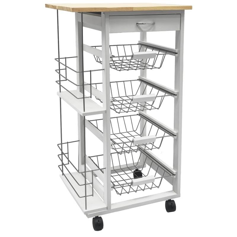 Carro de cocina con 4 cestos de metal verdulero organizador de madera blanco natural de 82x47x37