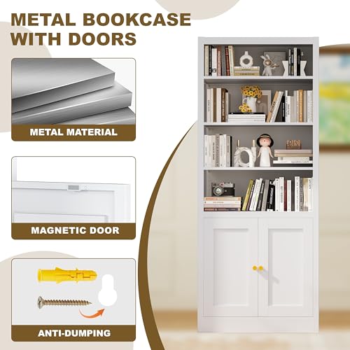 Image of VASAAOSD Book Shelf Bookcases with Doors, Metal Bookshelf with Storage Shelf, Floor Standing Display Shelves, Home Decor Furniture for Living Room Home Office (White)