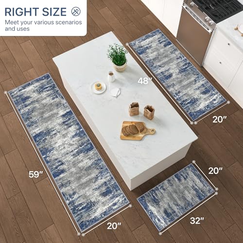 GENIMO Kitchen Rugs Sets of 3 Non Slip Washable Kitchen Mats for Floor, Waterproof Abstract Kitchen Runner Rug, Floor Mat Carpet for Hallway, Laundry, Sink, Entryway, Bathroom, Blue&Ivory