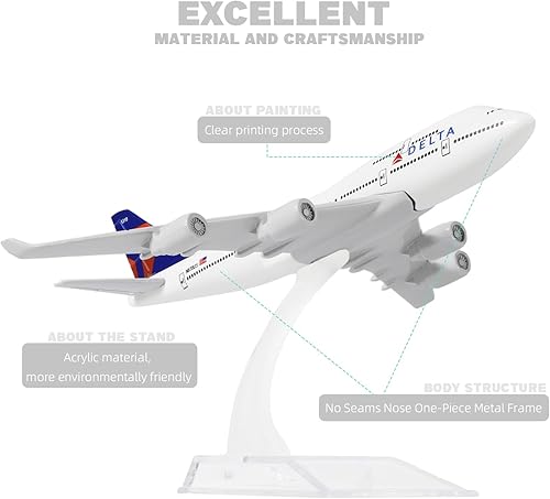 Miniatura 3 de QIYUMOKE Boeing 747 Delta Airlines 1400 Modelo de avión de metal fundido a troquel con soporte Airlines Modelo Avión Pantalla de aleación Kit de