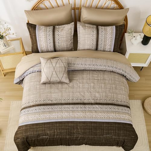 Image of Dintszyayue Brown Comforter Set Full Size, 8 Pieces Boho Striped Bed in a Bag Soft Microfiber Bedding Set for All Season