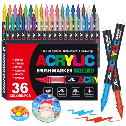 Laconile 36 Colores de Rotuladores Acrílicos para piedras Resistente al Agua, Acrylic Markers con Punta de Pincel, Paint Markers Ideales para Pintar Piedras, Porcelana, Vidrio, Lienzo, Cerámica