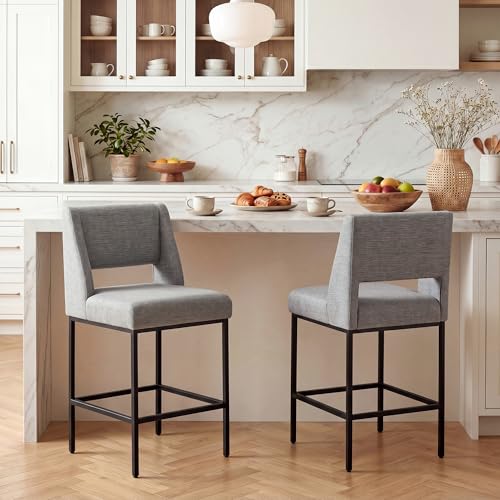 Image of Zesthouse Upholstered Counter Height Stools Set of 4, 26 inch Oversized Bar Stools with Wide Back, Metal Barstools Heavy Duty 300 Lbs, Modern Counter Height Chairs for Kitchen Island, Gray Linen Fabric