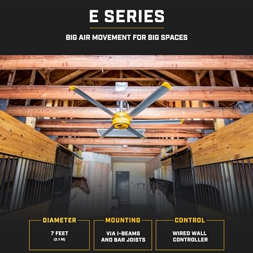 Image of Big Ass Fans E-Series 7 ft Industrial 6 Blade Ceiling Fan Gearless Direct Drive Motor, High Volume Low Speed, Wired Wall Controller, 110-125V /1ph - Silver /Yellow