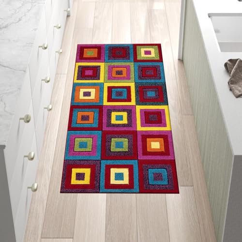 Image of renoazul® Multicoloured Area Rug forLiving Room, Hallway, Bedroom and Office, 80 x 150 cm, Square Bright, Soft Thick Pile Fluffy Thick Plush Geometric Pattern Rug